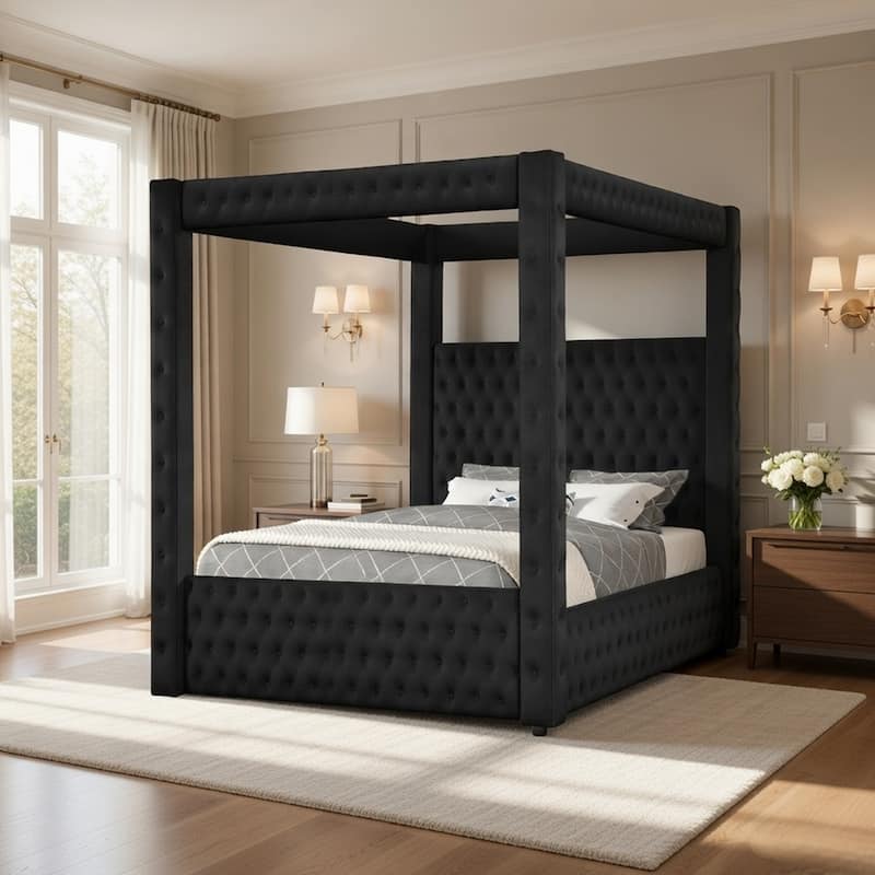 Beli King Size Canopy Bed, Tufted Design, Black Velvet Upholstery