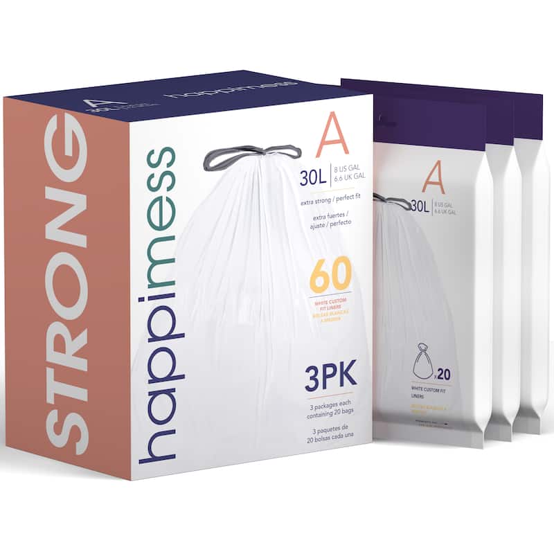 happimess 8-Gallon (30L) Drawstring Trash Can Liner, Clear (60-Count, 3-Packs of 20 Liners) - White - Unscented - 8 Gal