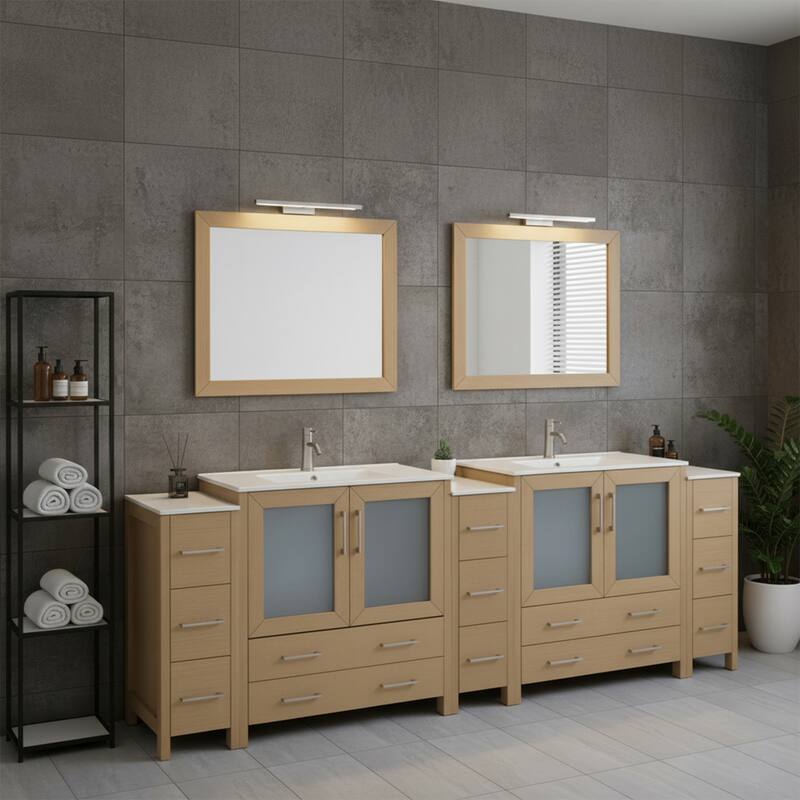 Vanity Art 108" Double Sink Bathroom Vanity Set 13 Dove-Tailed Drawers 3 Cabinets 2 Shelves Soft-Closing Doors with Free Mirror