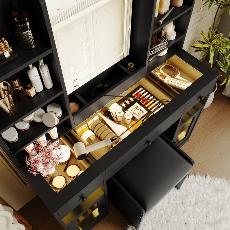 Roomfitters 43.2" Makeup Vanity Desk with LED Lighted Mirror, Glass Door Cabinets, Charging Station and Stool
