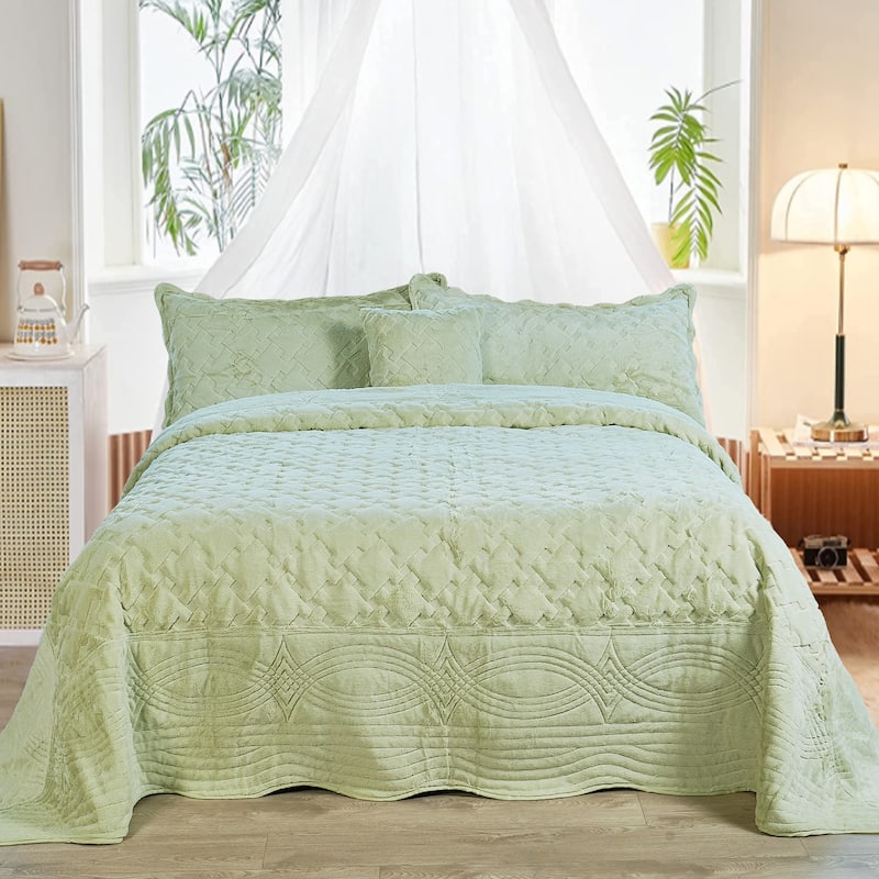 FauxFur Quilted Tatami 4-piece Bedspread Set - Light Green - Queen