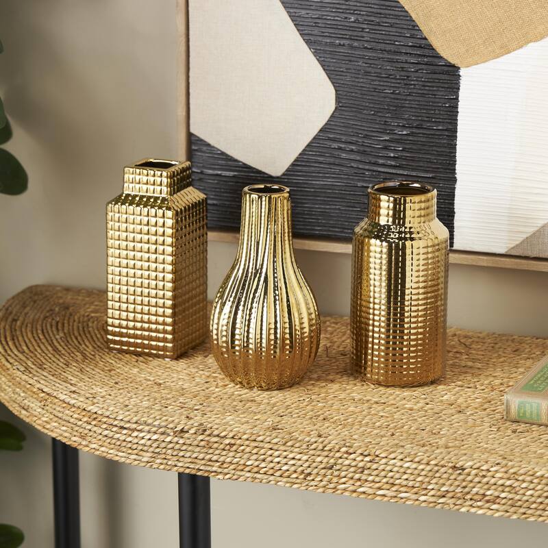 Ceramic Geometric Dimensional Textured Decorative Vase with Varying Shapes - Set of 3 Gold, Silver, Cream - Roche River Decor