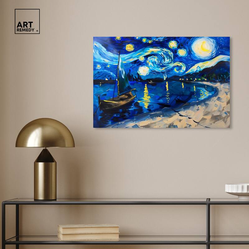 Art Remedy Whimsical Night Sail Gallery Wrapped Impressionism 1 Piece Canvas Wall Art /Monet And Van Gogh Inspired Art