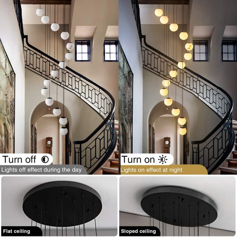 KAYLA Luxury 14-Light Alabaster Globe Chandelier in Vintage Copper Finish, Grand Pendant Light for Stairwells or Foyers - 138in