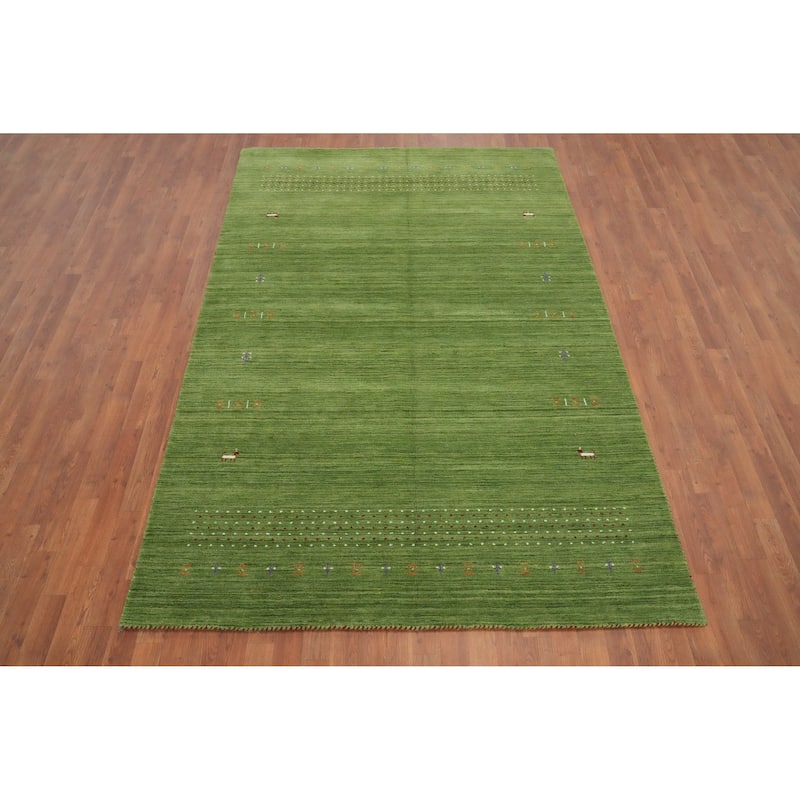 Hand Knotted Oriental 100% Wool Carpet Tribal Animal Pictorial Green Gabbeh Area Rug - 9' 0'' X 5' 10''