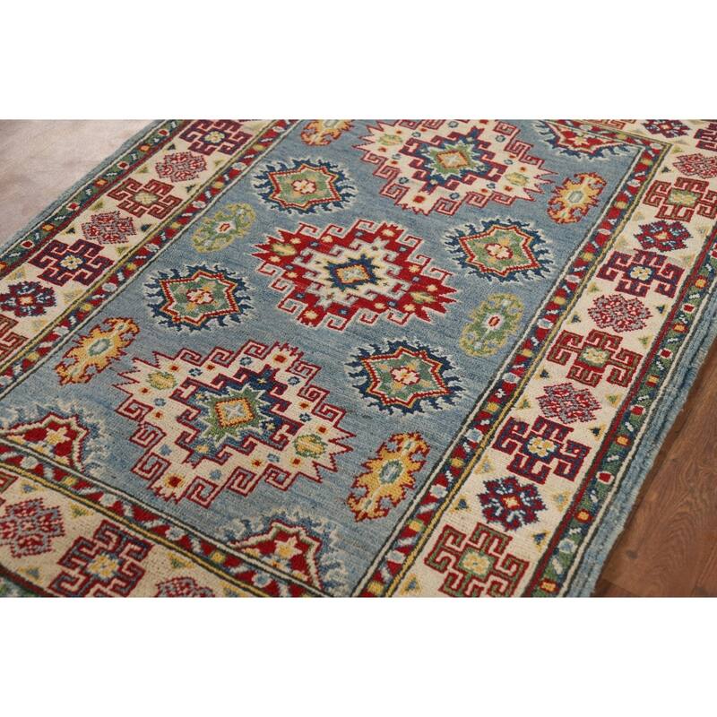 Light Blue Kazak Foyer Rug Hand-Knotted Traditional Wool Carpet - 2'11" x 3'11"