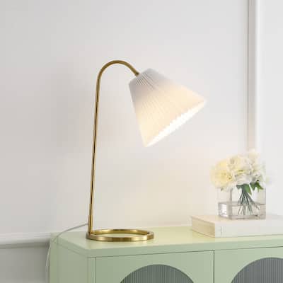 Devon 22" Modern Glam Metal Arc Adjustable Head LED Table Lamp with Pleated Shade, Brass Gold/White, by JONATHAN Y