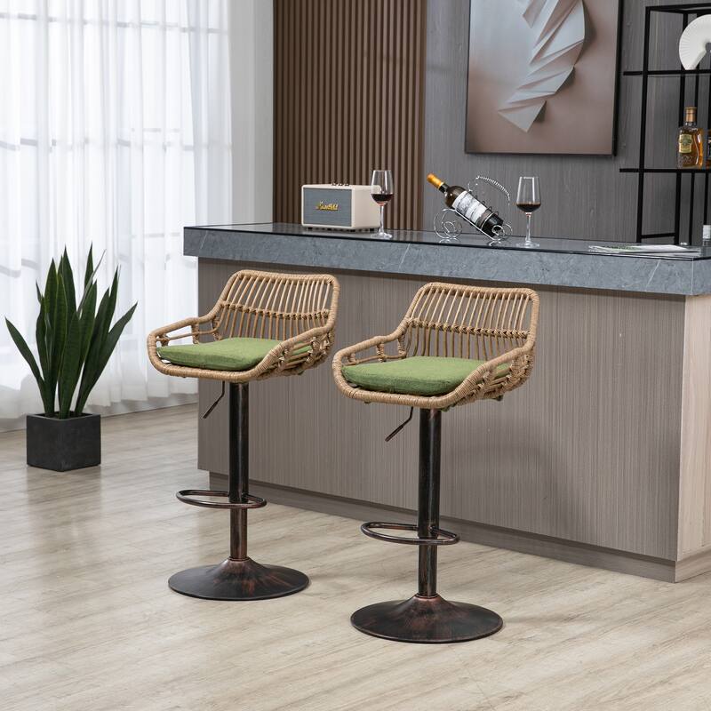 360° Swivel Bar Stools Set of 2, Adjustable Counter Height Chairs with Footrest, Rattan Bar Chairs with Cushions