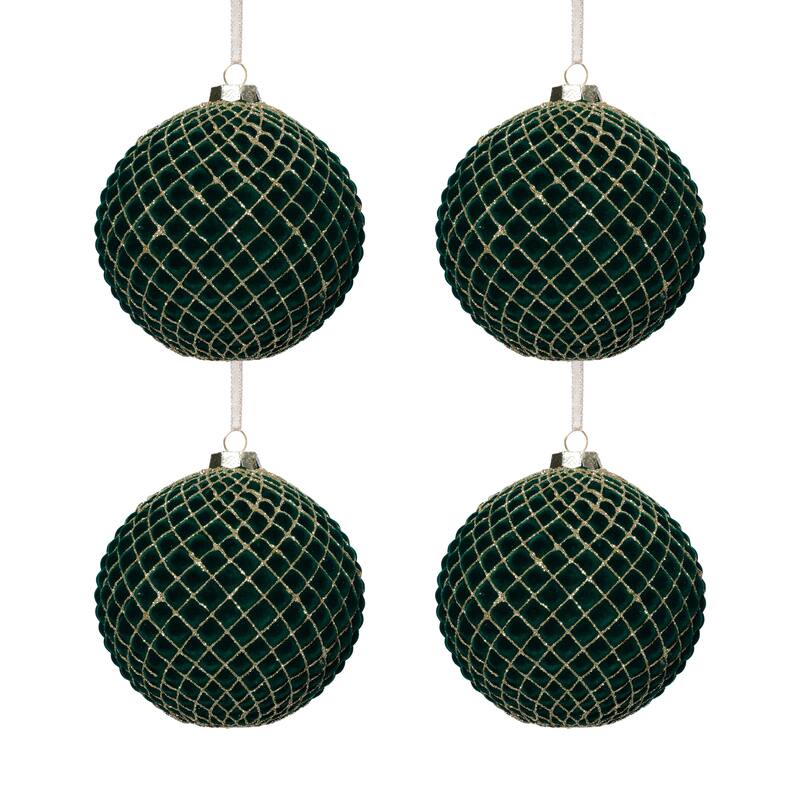 4-Piece Set Flocked 4.75" Glass Ball Christmas Ornaments with Gold Accents