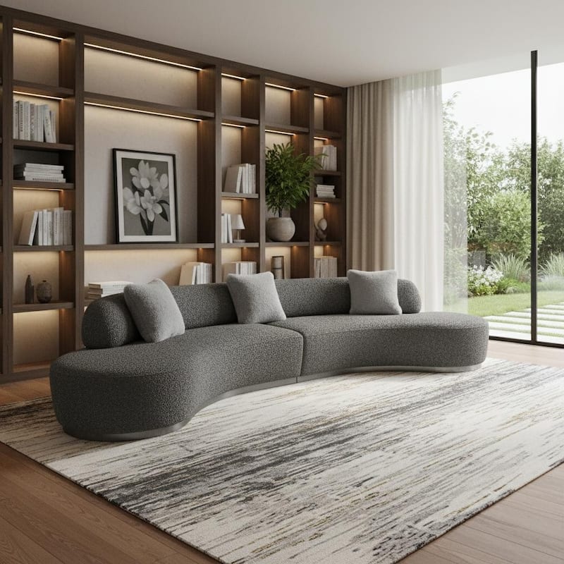 HomeRoots 150" Dark Gray Boucle Curved Sofa With Toss Pillows - Dark Gray