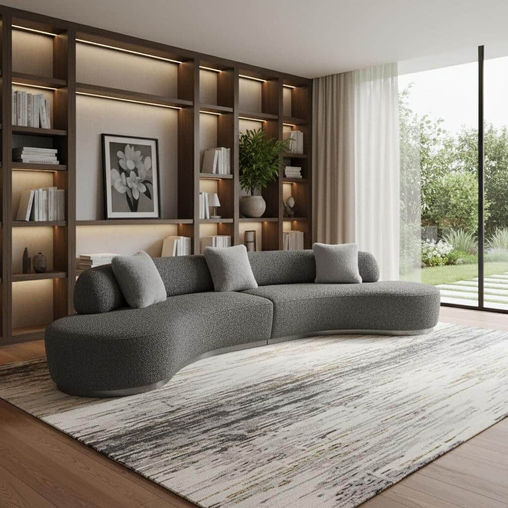 HomeRoots 150" Dark Gray Boucle Curved Sofa With Toss Pillows