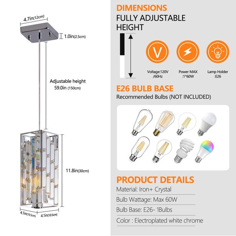 3-Pack Modern Crystal Pendant Lights – 4" Adjustable Hanging Lamps with Prism Design for Kitchen Island, Dining Room.