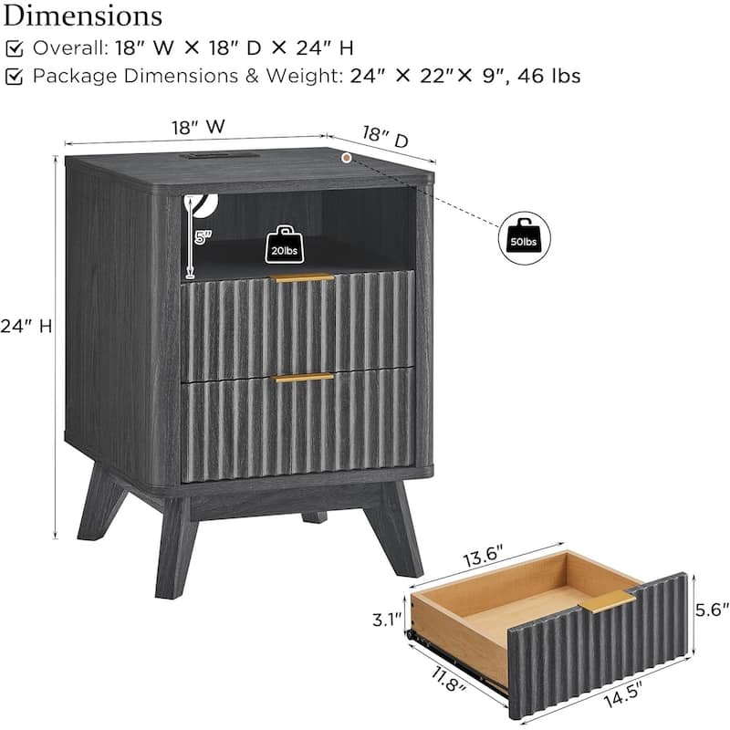 Modern Fluted Nightstand with Faux Marble Top, Side Table, End Table