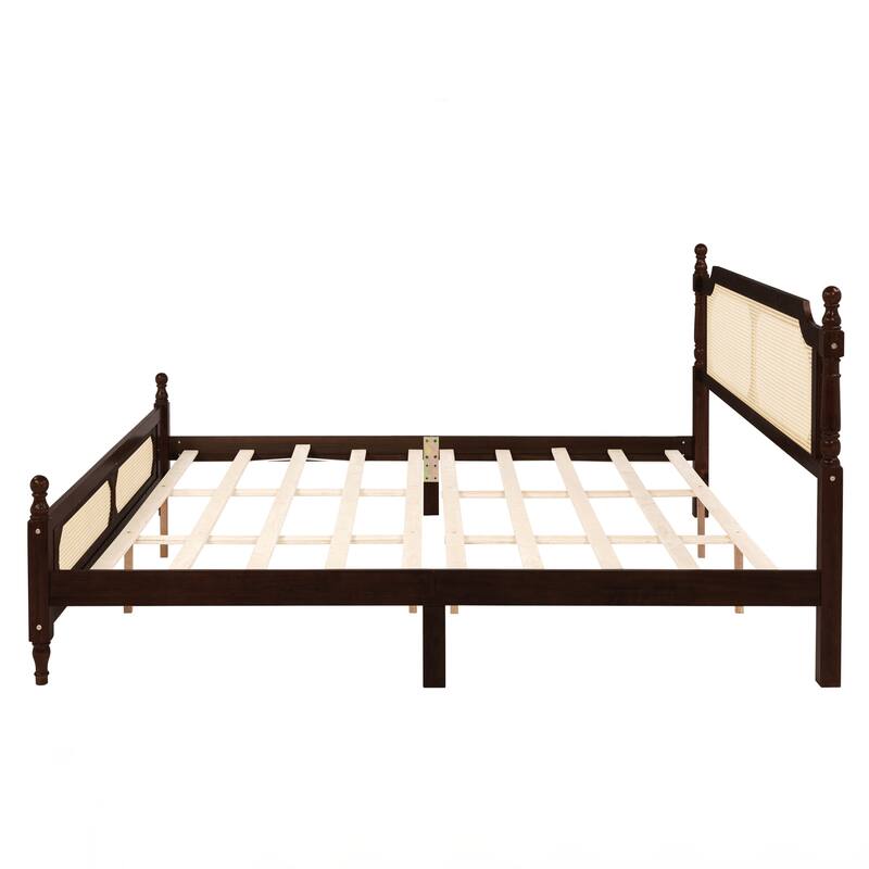 King Pine wooden Bed with Rattan Headboard and Footboard, with Central Enhanced Bed Platform