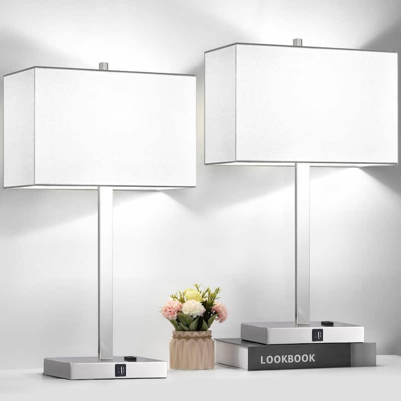 Upgraded, Set of 2 Bedside Touch Control Table Lamp - 4.4"D x 7.8"W x 21"H - White Linen & Brushed Nickel(Base)