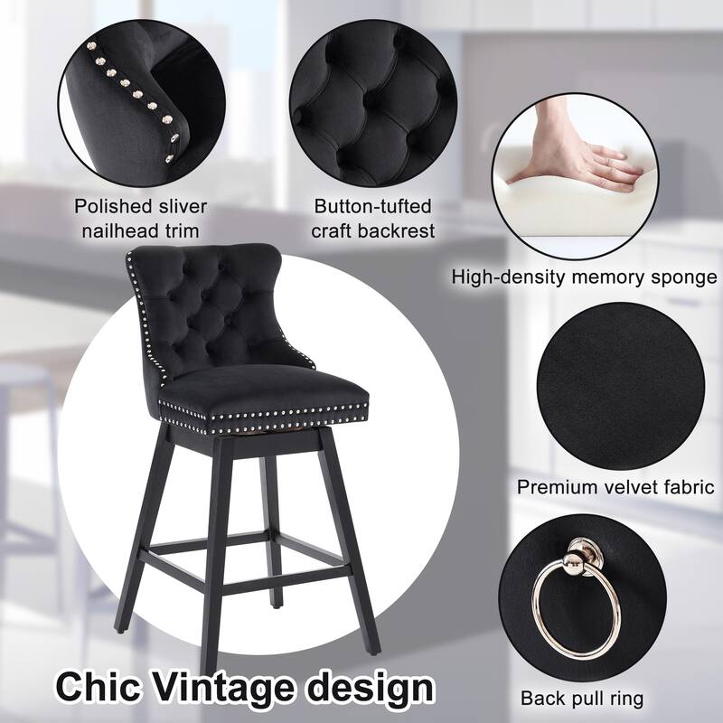 26"/29" Velvet Swivel Counter and Bar Height Stools Solid Wood Frame (Set of 4)