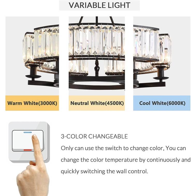 26 in. Round Crystal Chandelier Black Industrial Dining Room Light Fixtures 6-Light for Farmhouse Living Room Foyer