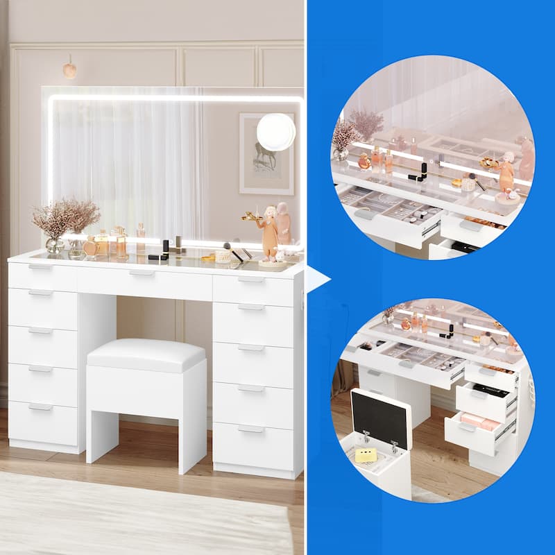 Makeup Table 11 Drawers Vanity Desk LED Lighted Mirror Glass Tabletop Bedroom - 46"L X 15.7"W X 55.9"H