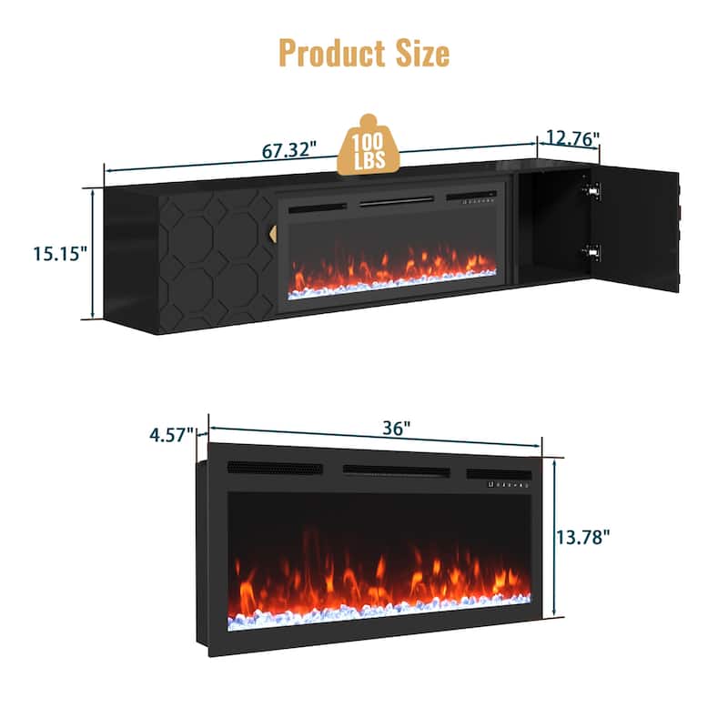 High-Gloss TV Stand with Honeycomb Pattern, Double Door Storage Cabinets, Wall-Mount Entertainment Center Open Shelf
