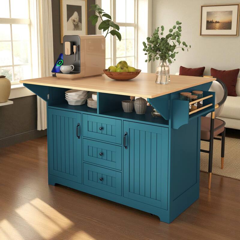 55.7" Large Kitchen Island with Dual Drop Leaf, Power Outlet, Rolling Kitchen Cart with Drawers & Storage Cabinet - Green