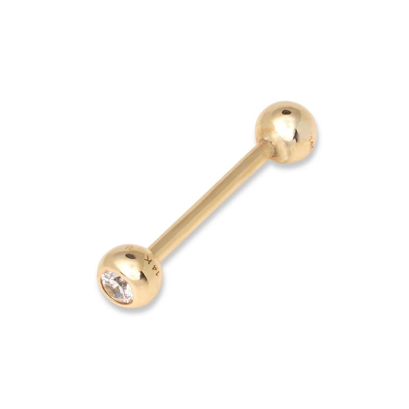 Curata Solid 14k Yellow or White Gold 14G 5mm Bezel Cubic Zirconia Straight Barbell Tongue Ring