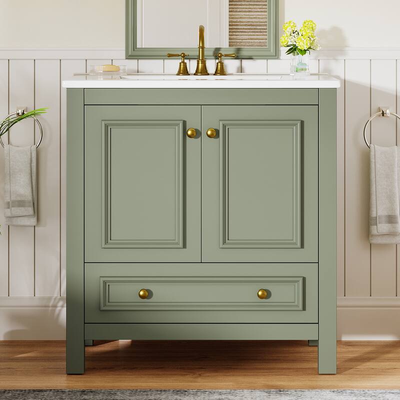 Bathroom Vanity with Sink, Solid Wood Frame Freestanding Vanity with Door Organizer and Drawer