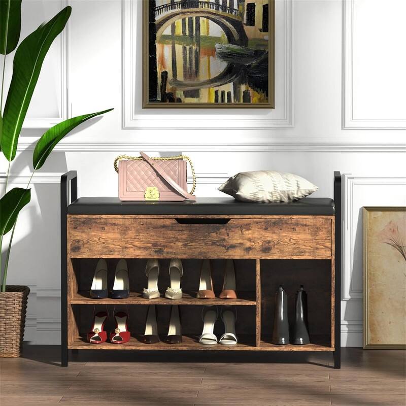 Wooden Shoe Cabinet with Cushion- Shoe Bench - 35.4"D x 11.8"W x 24.4"H