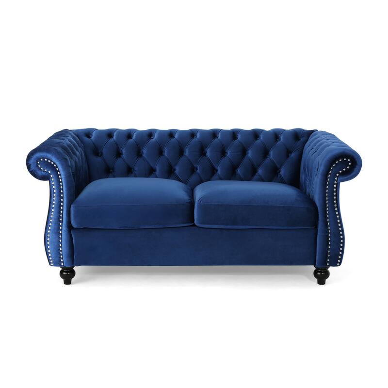 Classic Chesterfield Style Loveseat Sofa with Deep Button Tufting, Nailhead Accents, and Rolled Arms