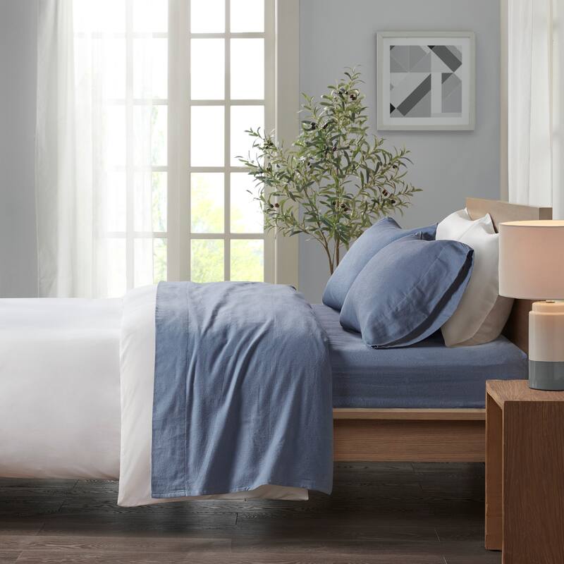 Madison Park Cozy Cotton Flannel Printed Sheet Set - Twin - Blue Solid