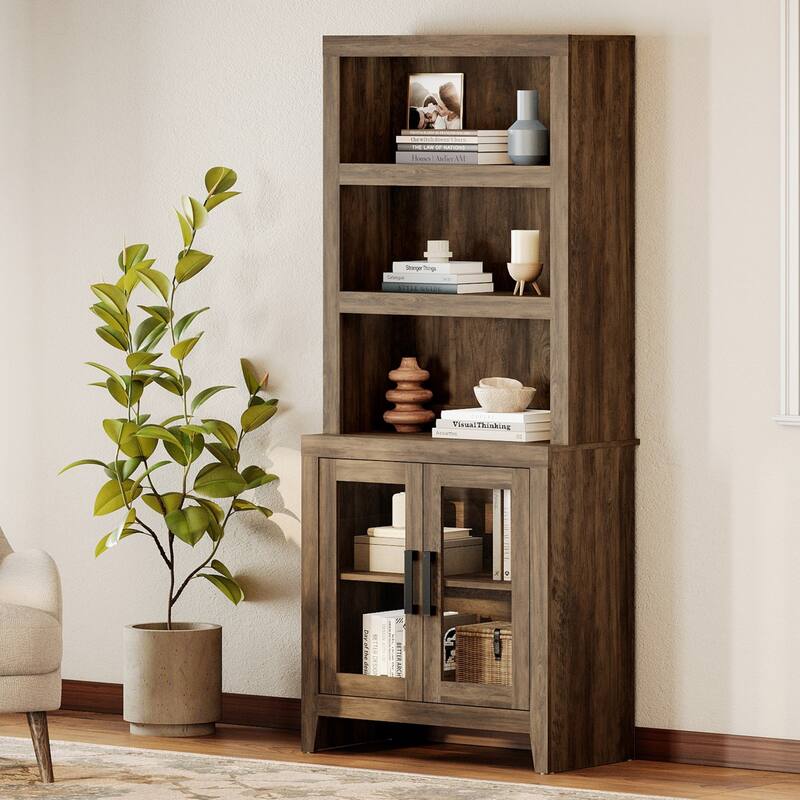 WAMPAT 3 Tier Bookshelf with Glass Door, 74" Tall Bookcase with Adjustable Shelf and Storage Cabinet, Farmhouse Wooden Bookshelf - 31-inch width - Brown