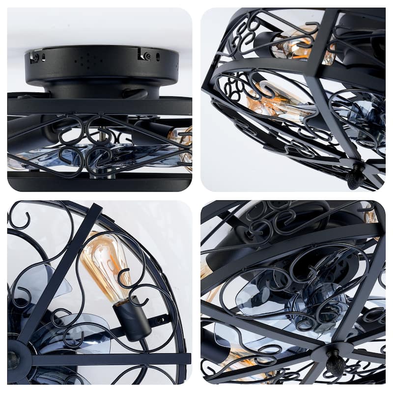 20 inch Flush Mount Ceiling Fan Light with Remote Caged Farmhouse Fandelier Black Wood Low Profile