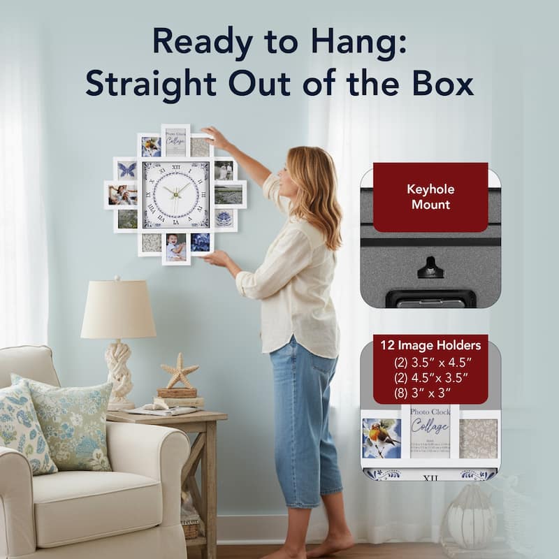 American Art Decor Picture Frame Collage Wall Clock 12 Photo Display Slots