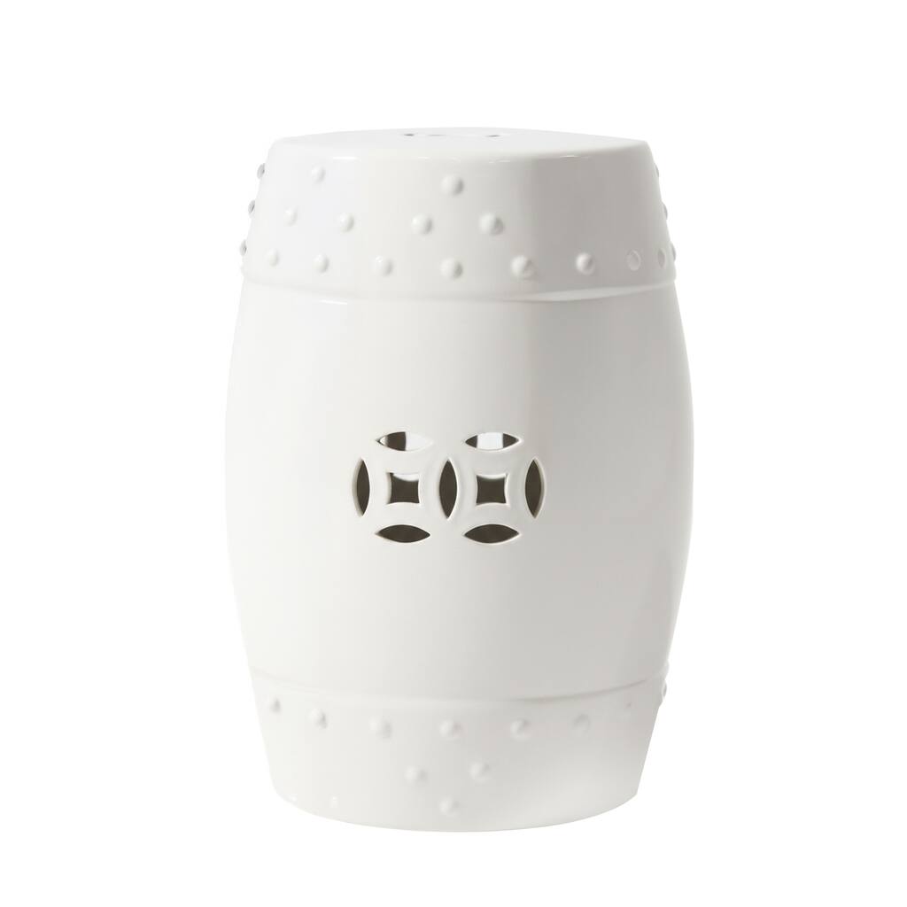 Garden Accent Table, 17 Inch Round Drum Shape, White Ceramic, Cut Out Details