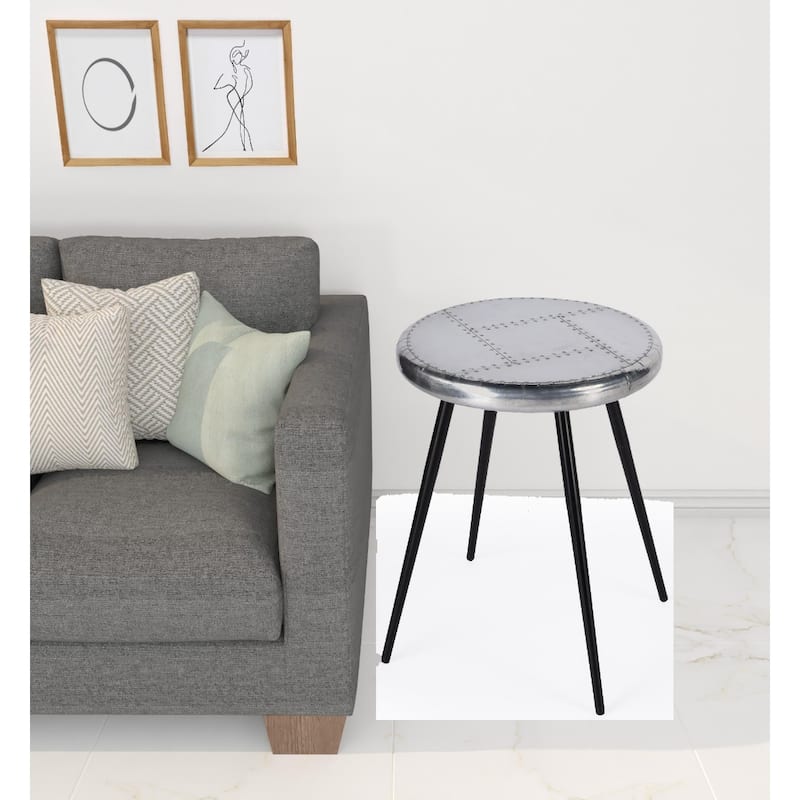 23" Distressed Silver Round Side Table with Iron Base and Patchwork Wood Top for Living Room - 23.25"H x 18"L x 18"W