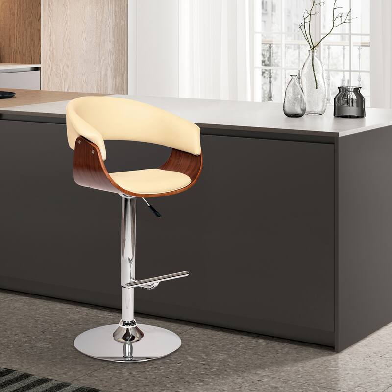 Paris 24" Adjustable Height Swivel Bar Stool, Walnut Wood and Chrome with Cream Faux Leather