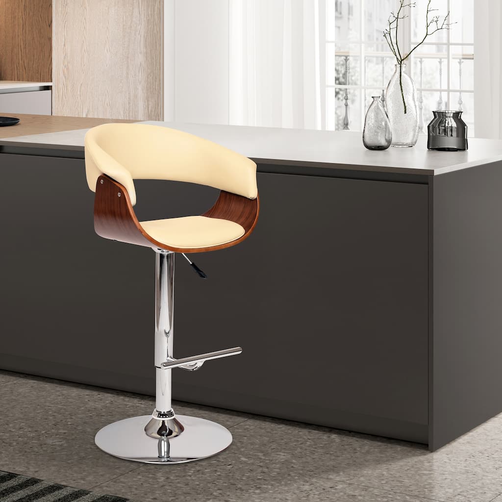 Paris 24" Adjustable Height Swivel Bar Stool, Walnut Wood and Chrome with Cream Faux Leather