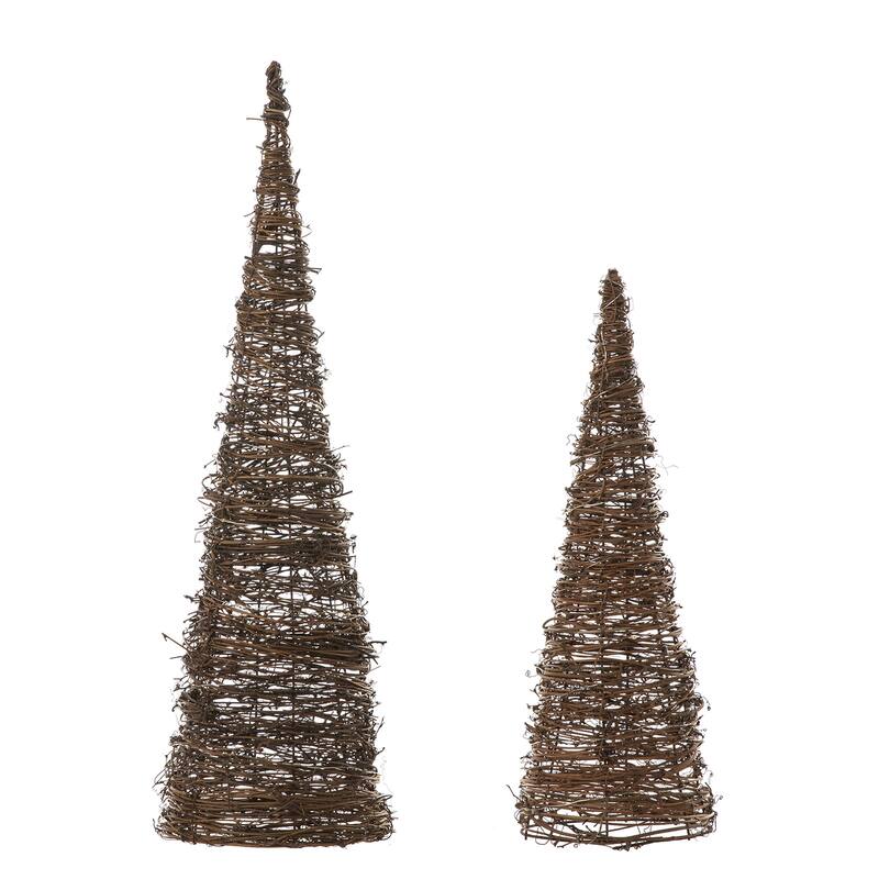 Glitzhome Set of 2 Lighted Rattan Christmas Table Tree Decor with Timer - Brown