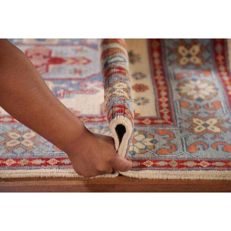 Ivory Geometric Kazak Oriental Accent Rug Handmade Wool Carpet - 3'5"x 4'11"