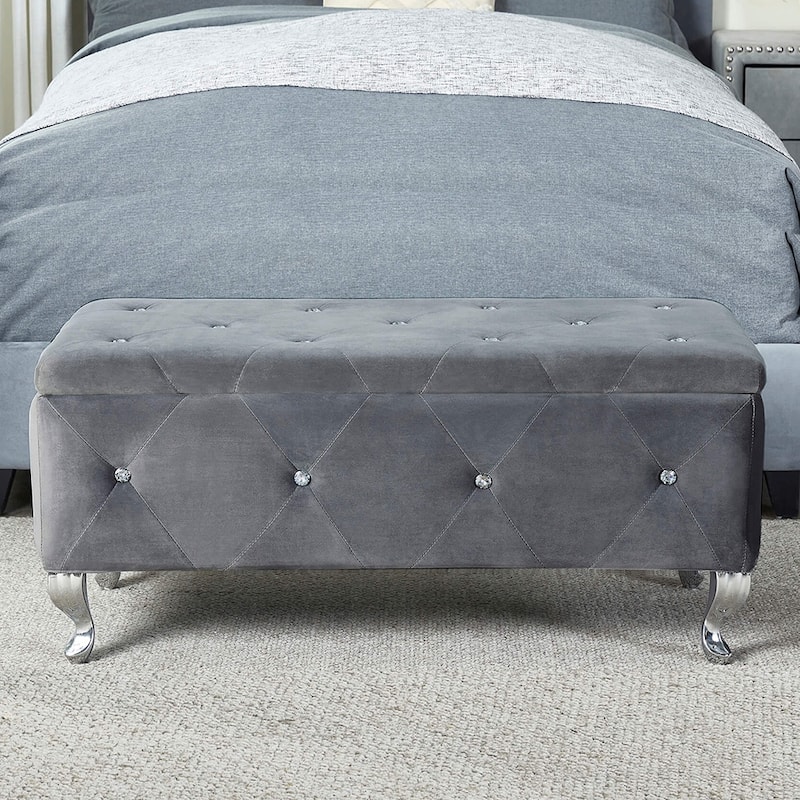 Luxury Storage Ottoman Bench, Velvet Upholstered Ottoman, Grey