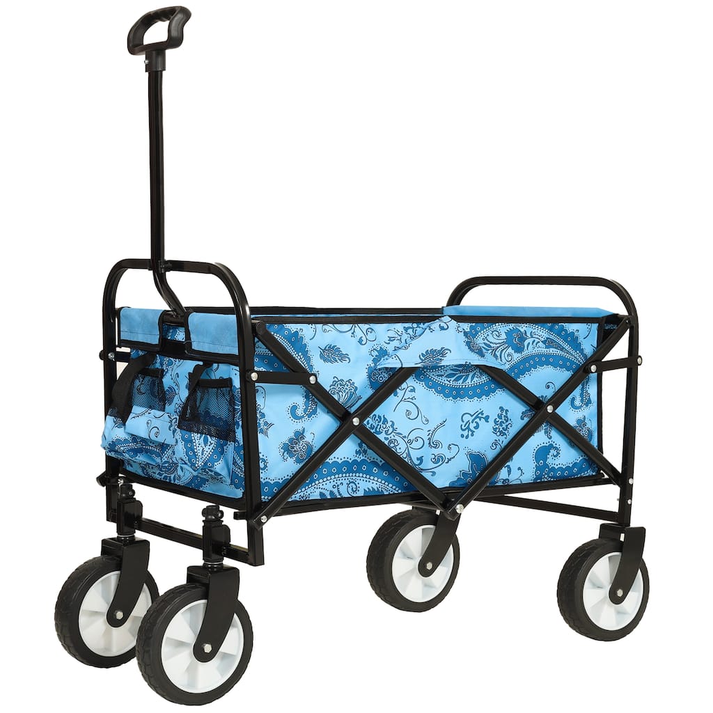 Patterned Collapsible Utility Wagon - Light Blue Floral Design with Storage Straps, 225lb Capacity