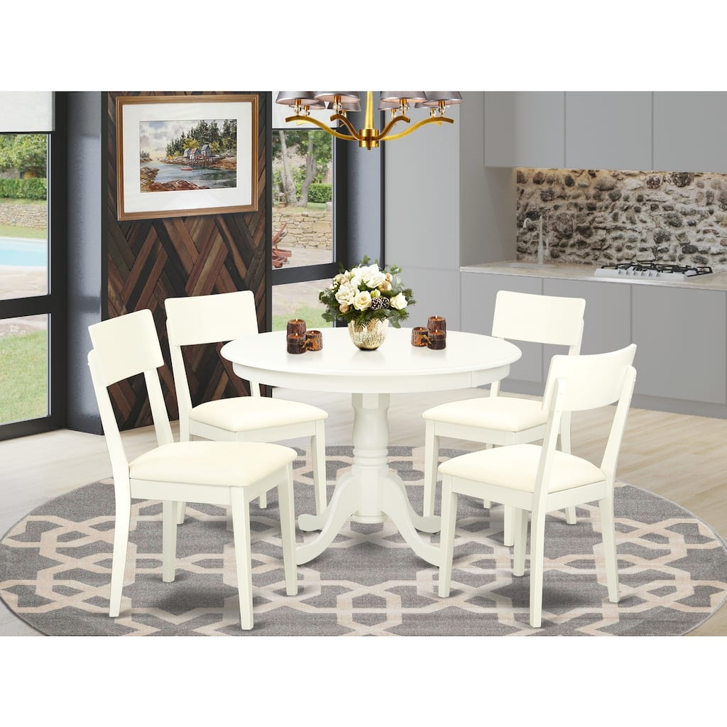 HomeStock 5-Piece Linen White Finish Solid Wood Top Dining table with 4 Chairs with Lattice Back