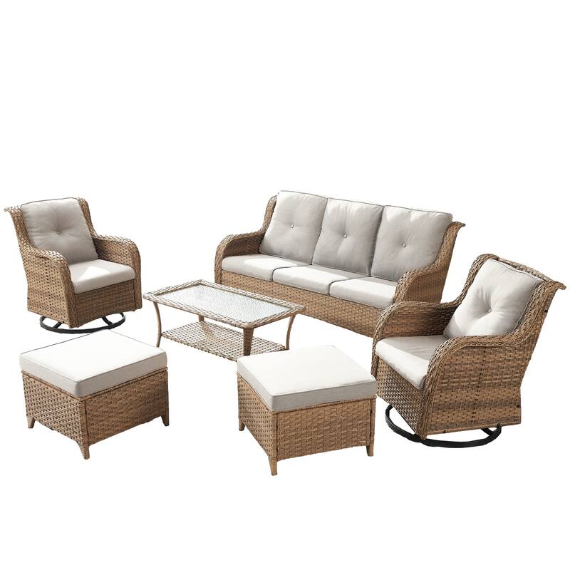 Pocassy Outdoor 6 Pieces 3-Seat Sofa Swivel Chairs Table Ottoman