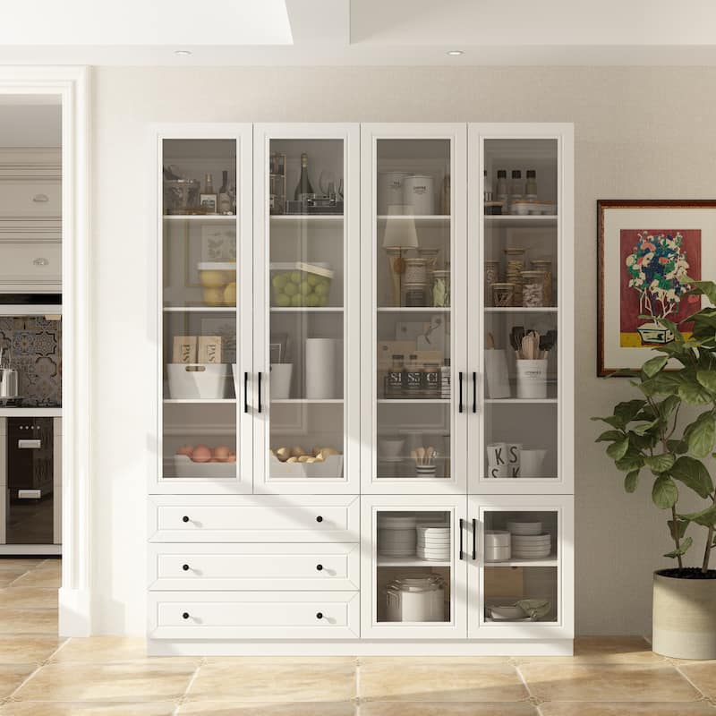 White Storage Solution with Ambient Light Features Pantry Bookshelves - 63"X78.7“