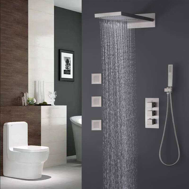 High-pressure Square Thermostatic Rainfall Shower System with HandheldShower & 3 Massaging Jets