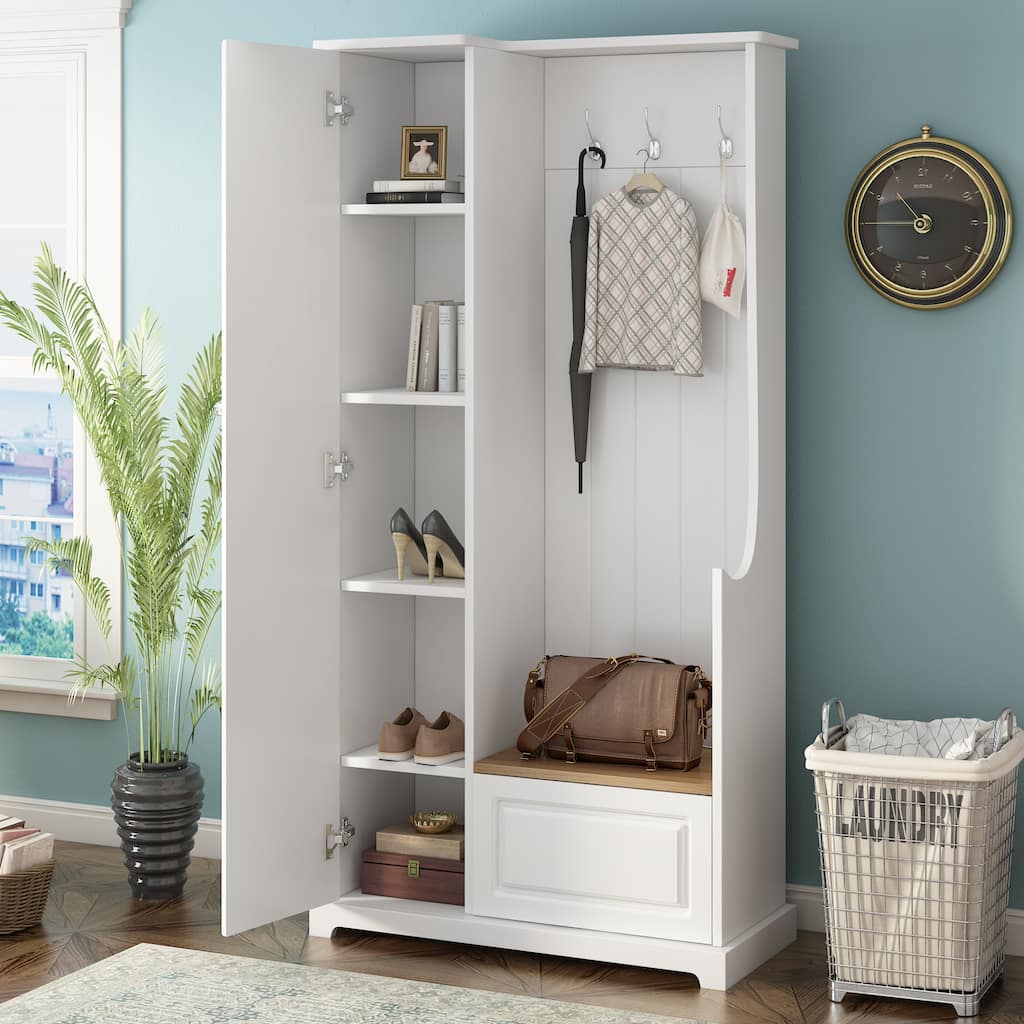 Stylish Hall Tree with Flip-Up Bench, Adjustable Shelves, and Hanging Hooks for Entryway, Mudroom, or Bedroom (White)