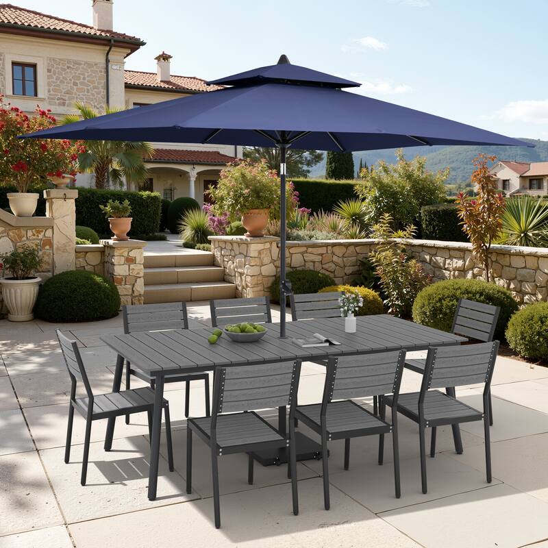 11-Piece Outdoor Dining Set Aluminum Table and 8 Stackable Chairs w/ 10 ft Umbrella and Base Stand