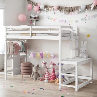 Twin High Loft Bed with Ladder landing Platform and Guardrails, White