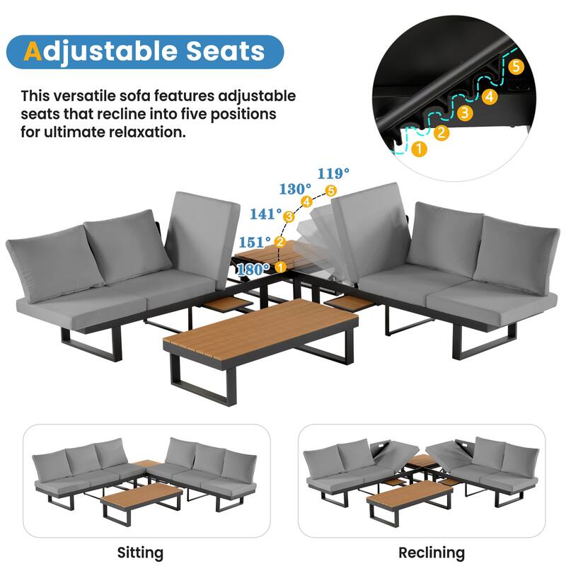 Outdoor Patio Conversation Sofa Set L-shape Sectional Sofa Set with Adjustable Reclining Seats, Coffee Table, Side Table