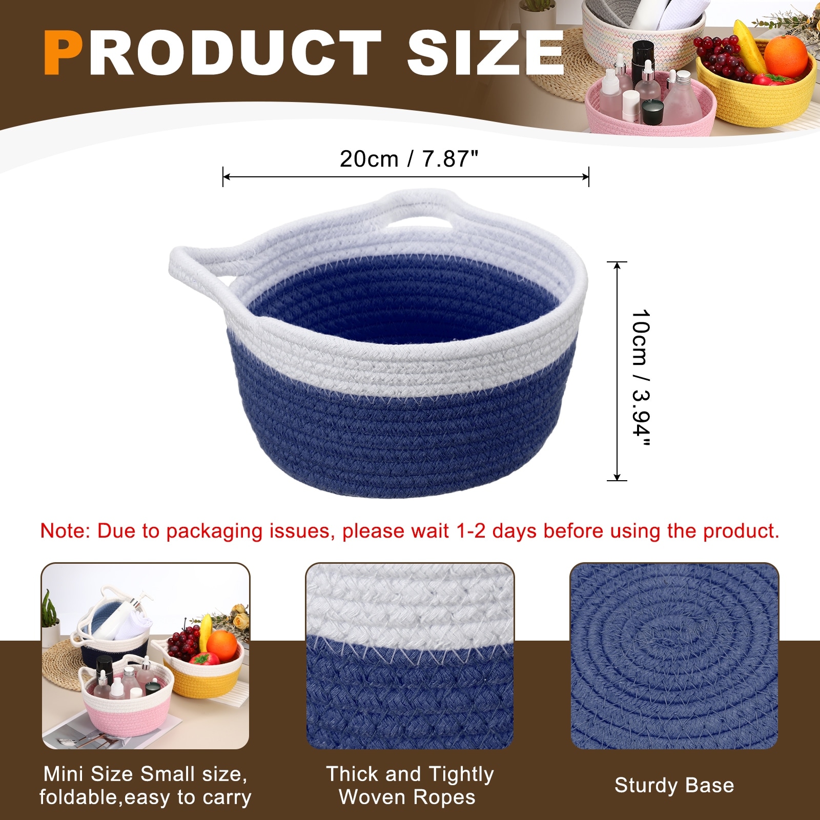 Small Cotton Rope Woven Storage Basket, Cat Ears Decorative Organizer
