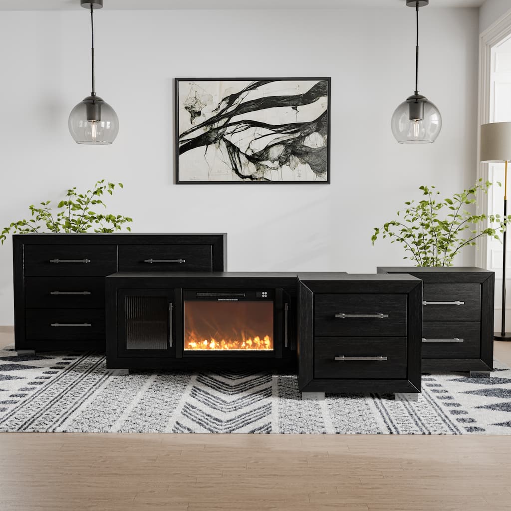 Furniture of America Alaric Modern Black Solid Wood 60-inch Fireplace TV Stand, Dresser and 2 Nightstands Bedroom Set